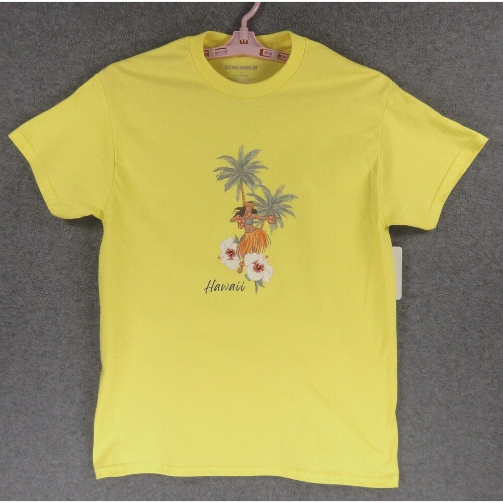 Hawaii Hibiscus Womens TShirt Large Yellow Hula Palm Trees Flower Kona Marlin